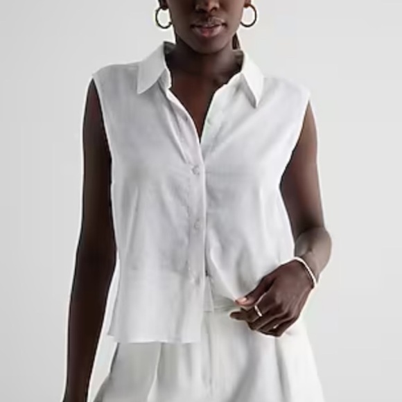 Express Tops - Linen-Blend Sleeveless Button Up Shirt